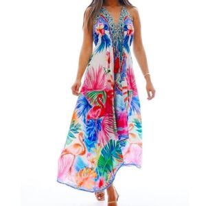Ranees Women's Flaming Intricate Pattern Halter Neck Cover-Up Vacation Dress